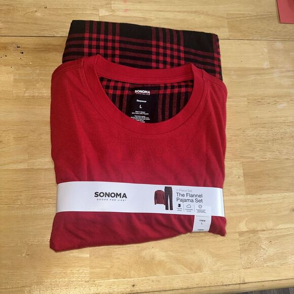 Sonoma Men 2 pc Pajama Set Crewneck Tee & Flannel Pants Red Black Plaid Size LG - Picture 1 of 5